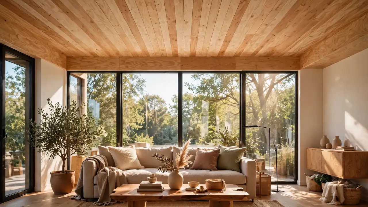 Bright modern living room with a natural birch plywood plank ceiling and warm sunlight through large windows.