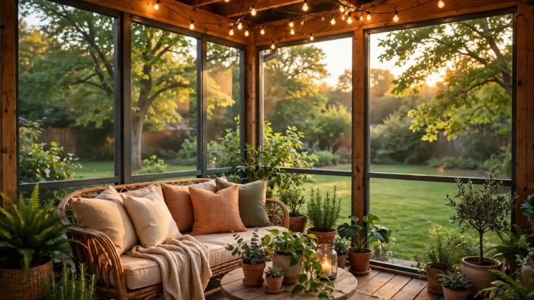 Charming screened-in back porch at golden hour with a cozy outdoor sofa, warm string lights, potted plants, and a view of the green backyard through the screens.