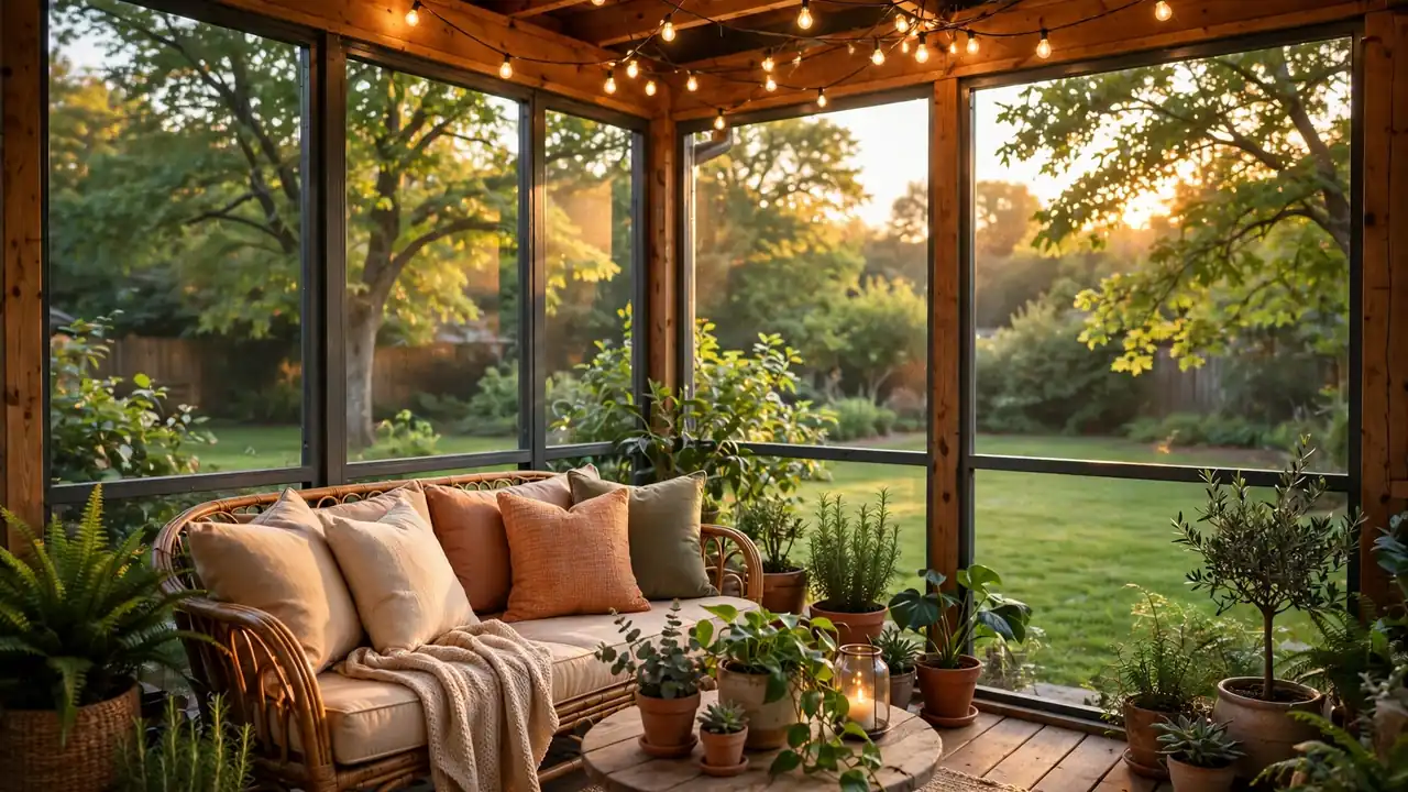 Charming screened-in back porch at golden hour with a cozy outdoor sofa, warm string lights, potted plants, and a view of the green backyard through the screens.