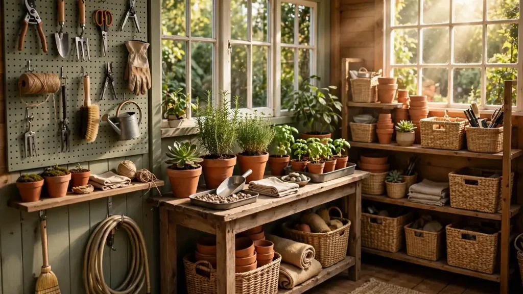 A beautifully organized garden shed interior with a pegboard tool wall, potting bench with plants, and wooden shelving with labeled bins in warm natural light.