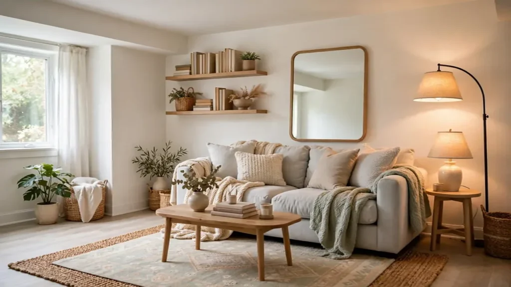 Cozy small basement living area with warm white walls, layered rugs, a comfortable sofa, and soft layered lighting.