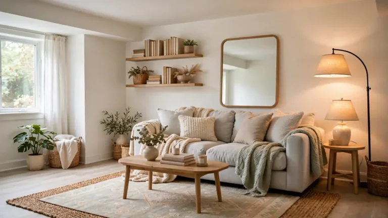 Cozy small basement living area with warm white walls, layered rugs, a comfortable sofa, and soft layered lighting.