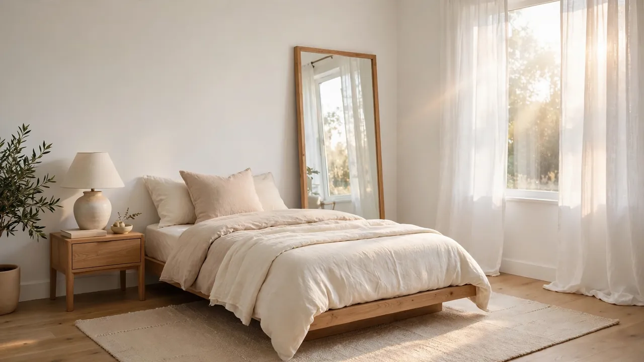 Bright small bedroom with white walls, a low bed with cream bedding, a large mirror, and sunlight streaming through sheer curtains.