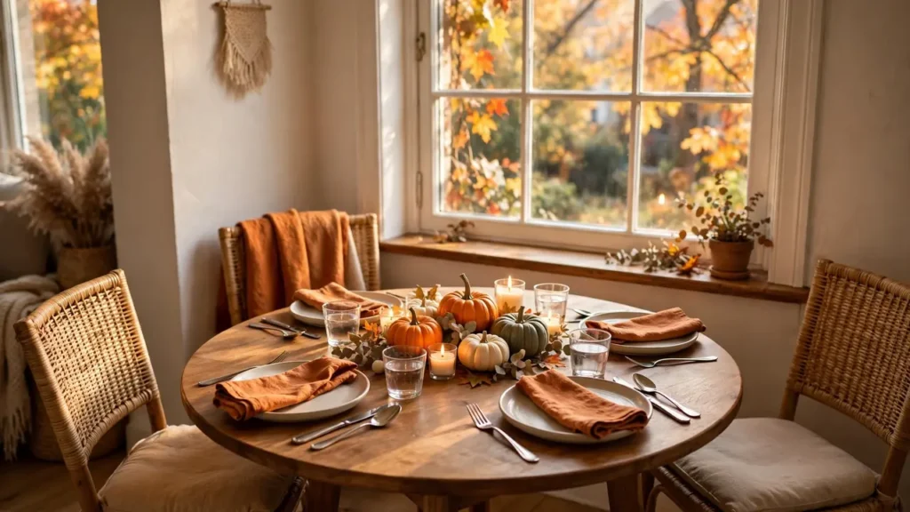 Cozy small apartment Thanksgiving table for four with fall centerpiece