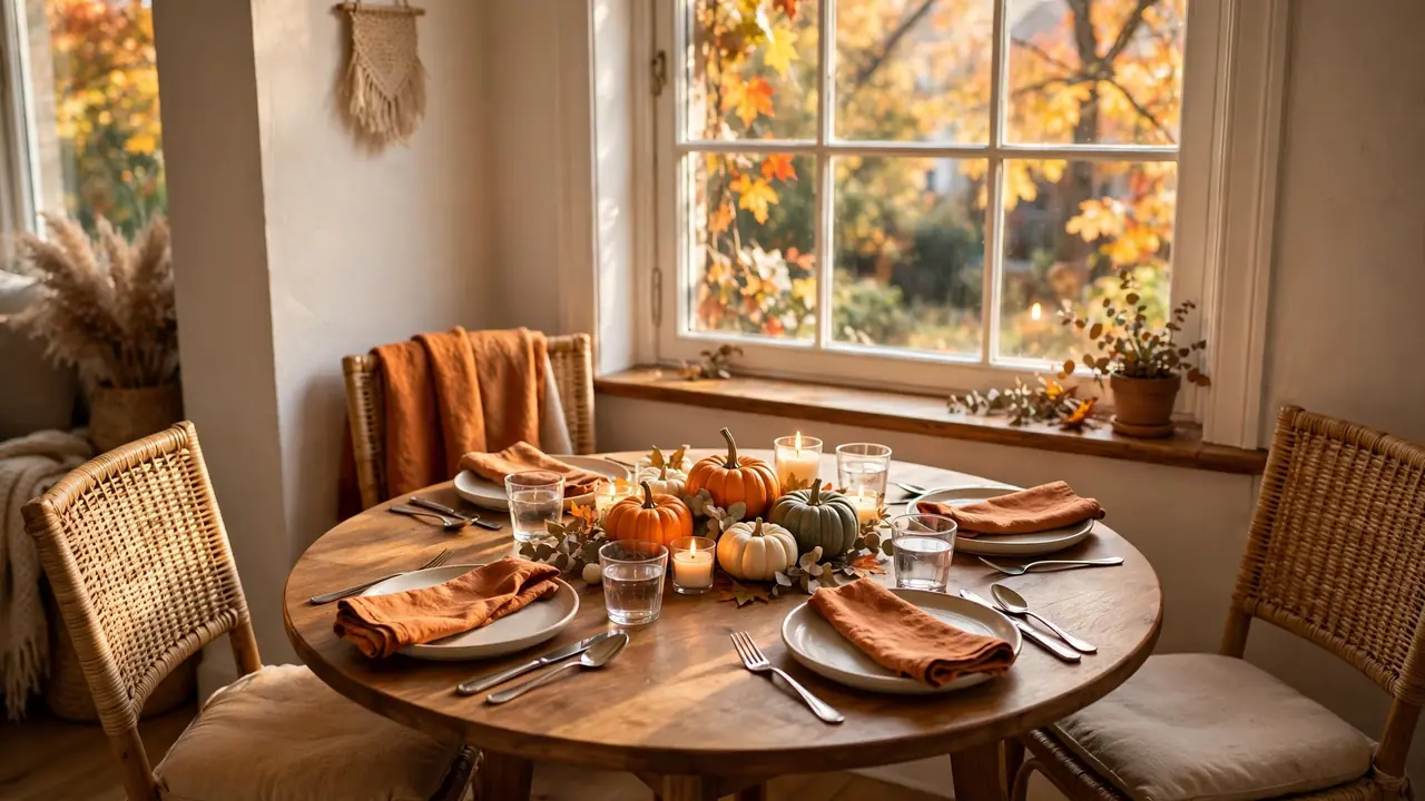 Cozy small apartment Thanksgiving table for four with fall centerpiece