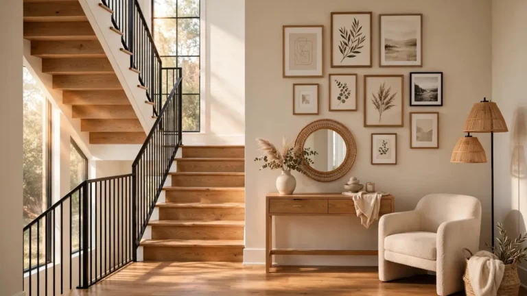 Bright stair landing with a gallery wall, a rattan-mirror console table, a cream reading chair with a floor lamp, and sunlight streaming from a stairwell window.