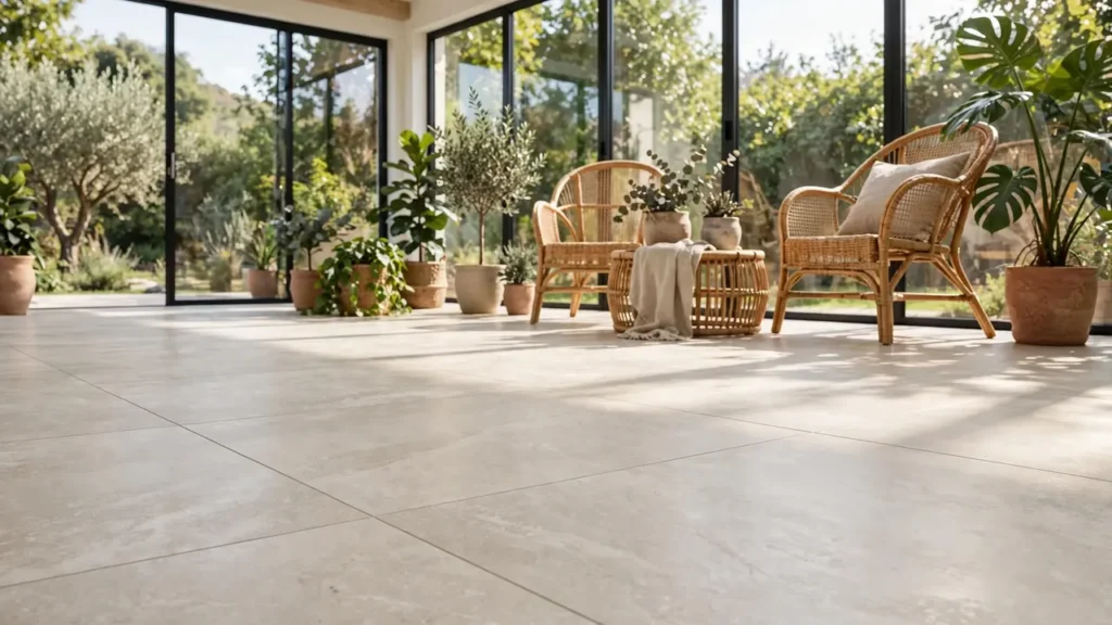 Bright sunroom with large-format porcelain tile flooring, wicker chairs, potted plants, and sunlight streaming through glass walls.
