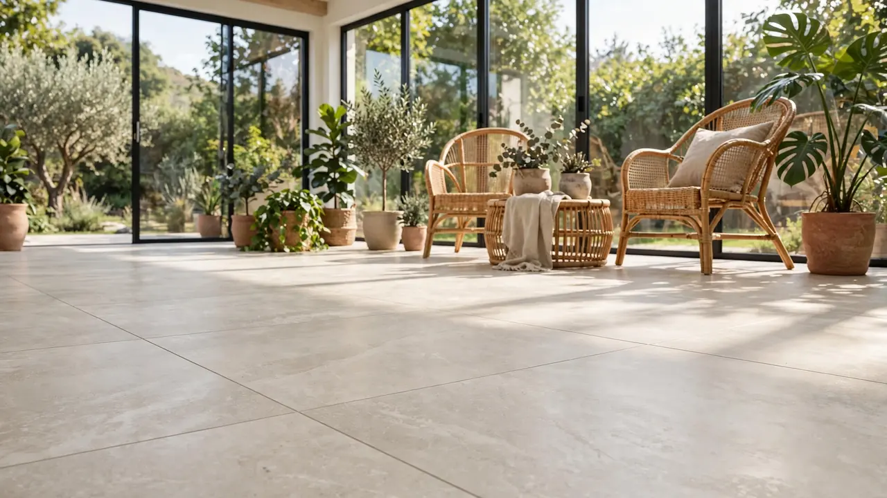 Bright sunroom with large-format porcelain tile flooring, wicker chairs, potted plants, and sunlight streaming through glass walls.