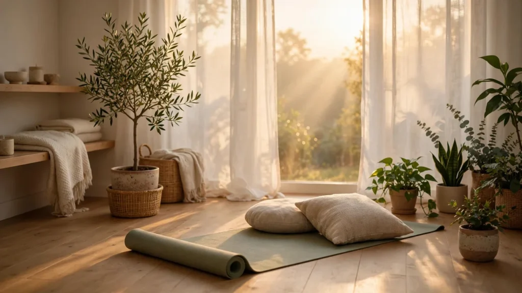 Serene home yoga room at sunrise with an unrolled mat, floor cushions, potted plants, and soft light streaming through sheer curtains.