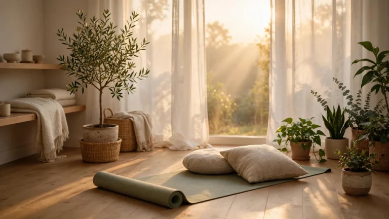 Serene home yoga room at sunrise with an unrolled mat, floor cushions, potted plants, and soft light streaming through sheer curtains.