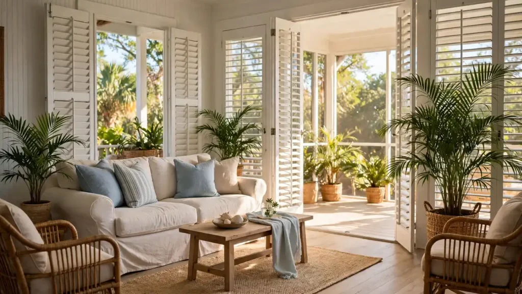 A sunlit Florida bungalow living room opening onto a screened porch with rattan furniture and tropical plants.