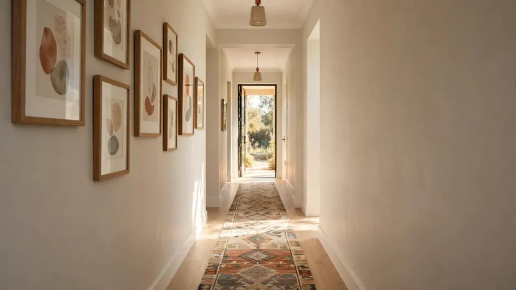 A stylish long hallway with a patterned runner rug, framed artwork, and warm pendant lighting.