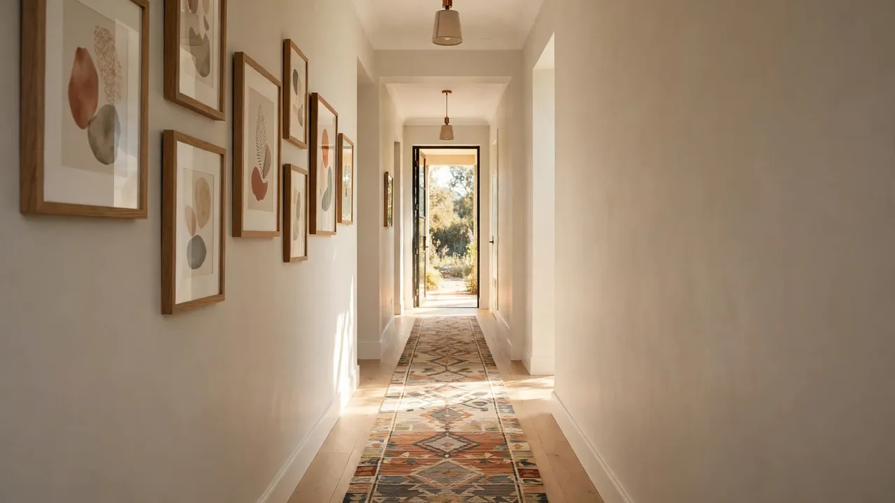 A stylish long hallway with a patterned runner rug, framed artwork, and warm pendant lighting.