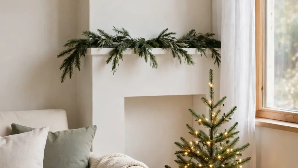A calm minimalist Christmas living room with a small tree, natural greenery, and soft candlelight.