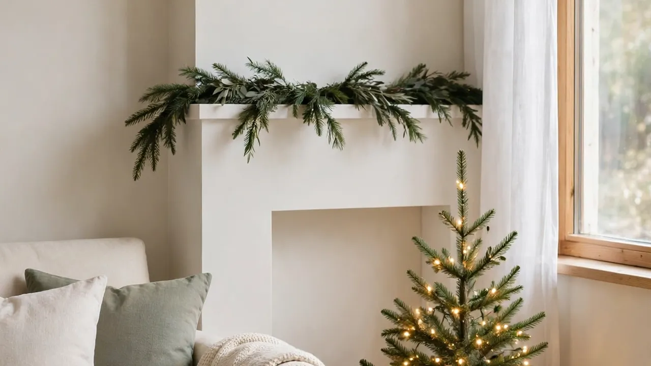 A calm minimalist Christmas living room with a small tree, natural greenery, and soft candlelight.