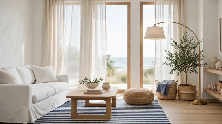 Bright coastal living room with a white slipcovered sofa, navy striped rug, and natural wood accents in soft daylight.