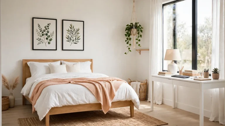 21 Teen Girl Bedroom Ideas for a Stylish, Modern Look 26 Stylish modern teen girl bedroom with layered white and peach bedding, a study desk by a bright window, and warm natural light