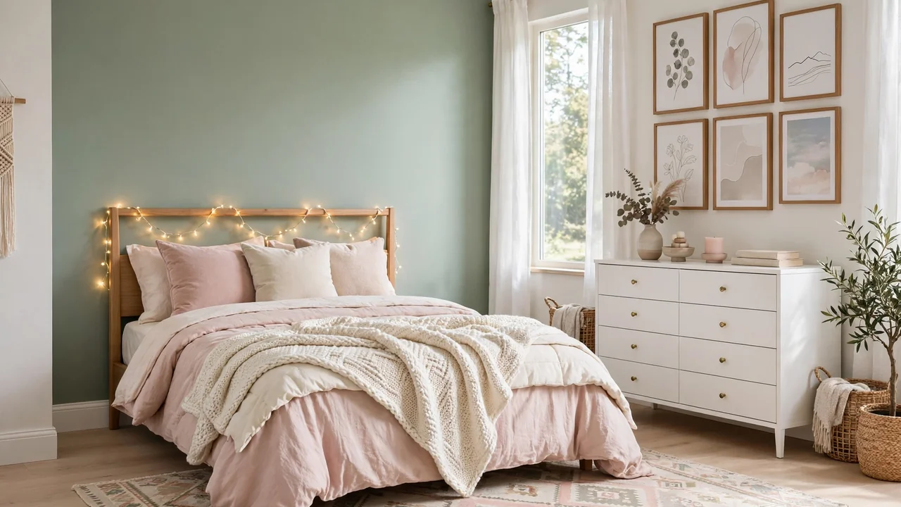 Stylish modern teen girl bedroom with layered blush bedding, sage accent wall, gallery art, and warm lighting.