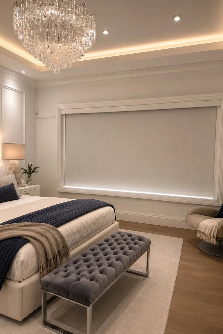 Calm bedroom with a wide window covered by a lowered blackout roller shade