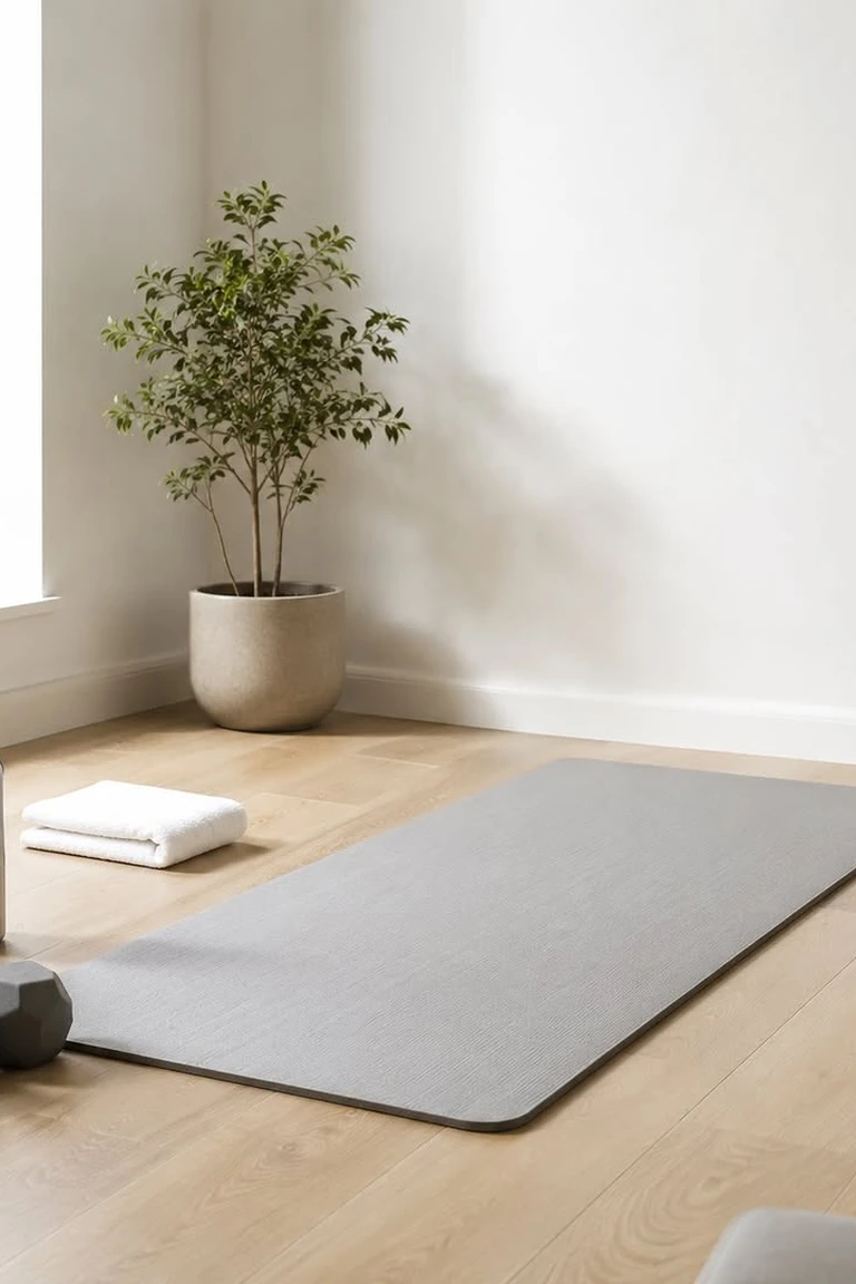 A sunlit apartment corner with a gray exercise mat on light wood flooring, three geometric dumbbells, a steel water bottle, a folded white towel, and a potted tree beside a large window