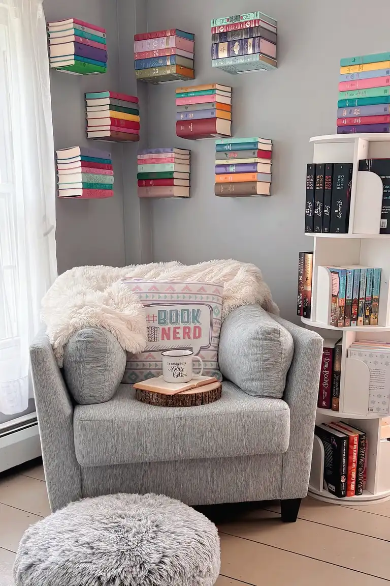 Bright corner reading nook with a light gray armchair and a cream throw beside a window with sheer curtains