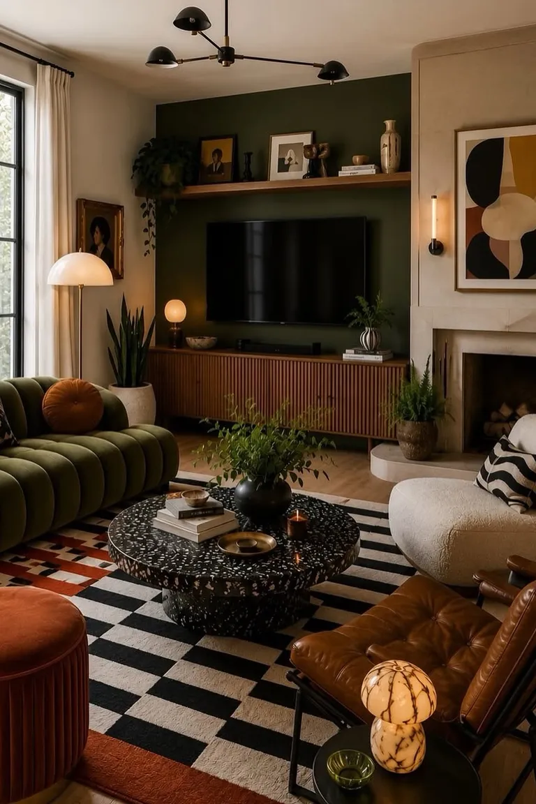 25 Stunning Accent Wall Ideas for Every Room and Style 2 A living room with a deep green painted accent wall behind a wooden media console and television, a green velvet sofa and cream armchair around a round coffee table, a fireplace, a large window, and a patterned rug