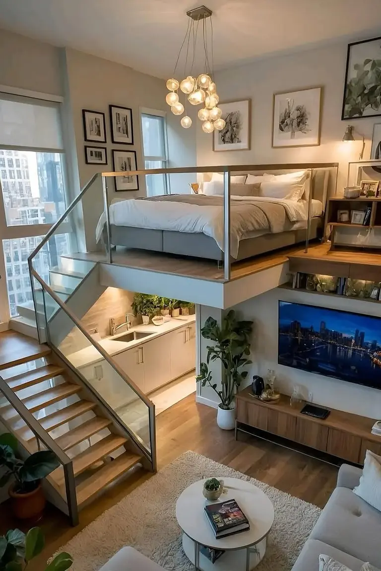 11 Micro Studio Apartment Ideas for Extremely Small Urban Spaces 2 Micro studio with a loft bed above, kitchen beneath the loft, and a living area with sofa and TV below