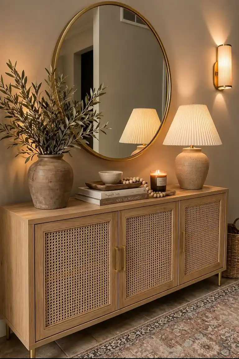 A bright entryway wall with a large round gold-framed mirror above a light wood cane-front console cabinet styled with a vase of olive branches, a lamp, books, and a candle, with a patterned rug on the floor.