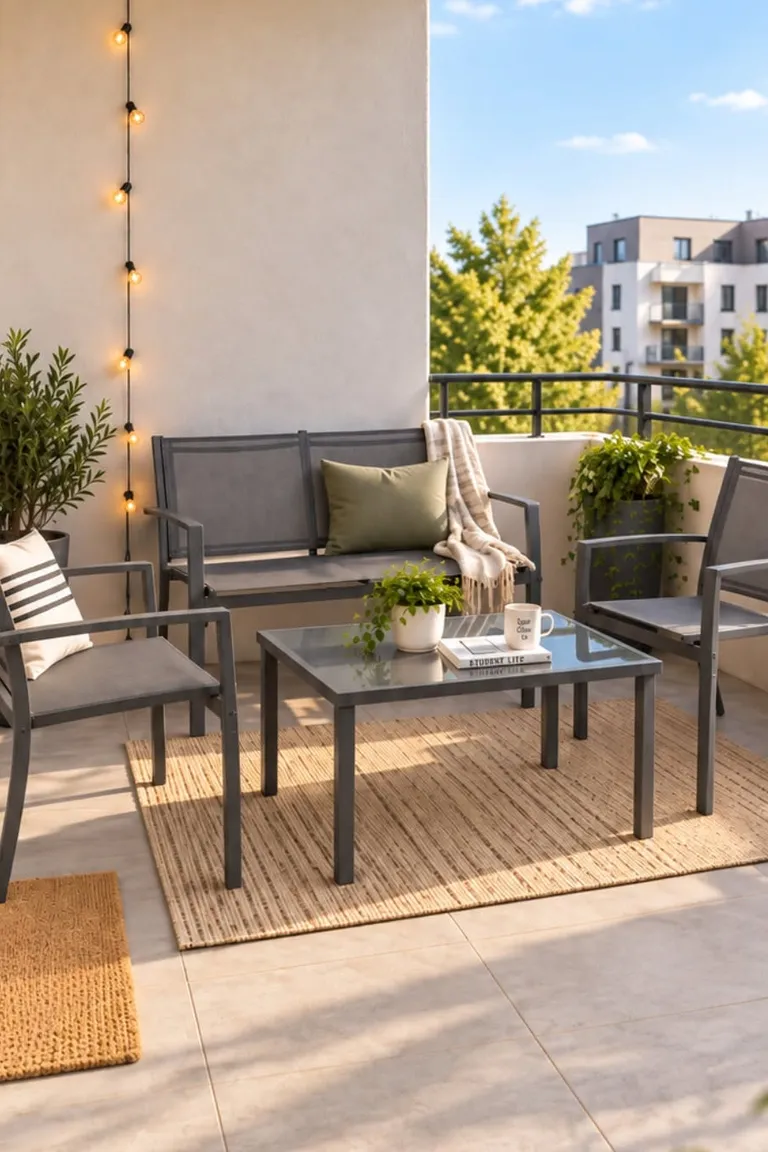 Small apartment patio with an outdoor rug defining the seating area with chairs and plants