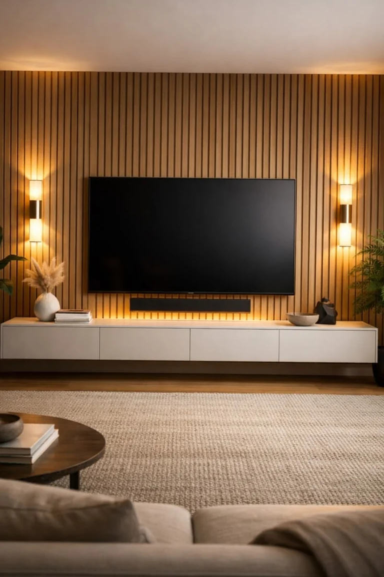 A living room TV wall with vertical warm wood slats floor to ceiling, a large wall mounted television, a long low white console, wall sconces, a rug and a sofa in the foreground.