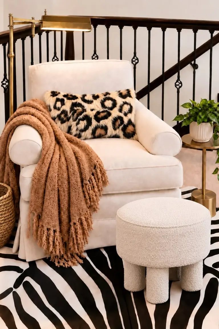 Cream armchair with a tan throw and a patterned cushion in a cozy corner with a basket and a side table