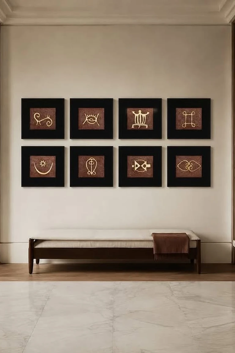 A spacious entry hall with eight black-framed abstract artworks in two rows above a low wooden bench with a folded throw, wood and marble flooring, and doorways on both sides