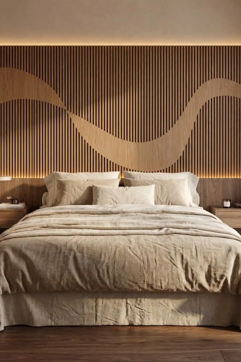 25 Stunning Accent Wall Ideas for Every Room and Style 3 A bedroom with a full vertical oak slat accent wall behind a bed dressed in white and oatmeal linen bedding, with floating wooden nightstands, warm lighting, wood flooring, and a tall window