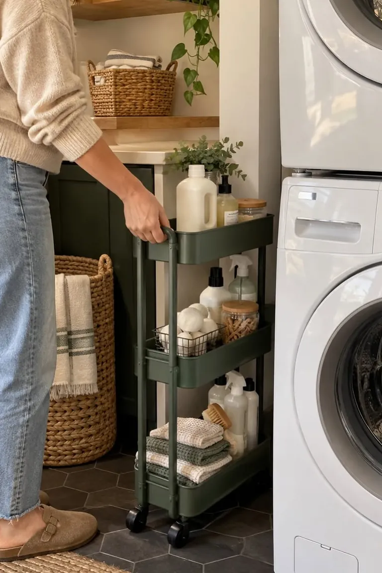 Slim three tier rolling cart with detergent and supplies beside a stacked washer and dryer
