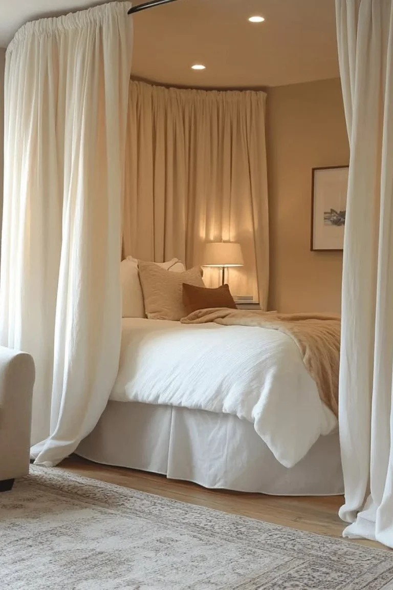 11 Micro Studio Apartment Ideas for Extremely Small Urban Spaces 4 Bed enclosed on three sides by cream ceiling-track curtains, with an armchair and rug at the edge