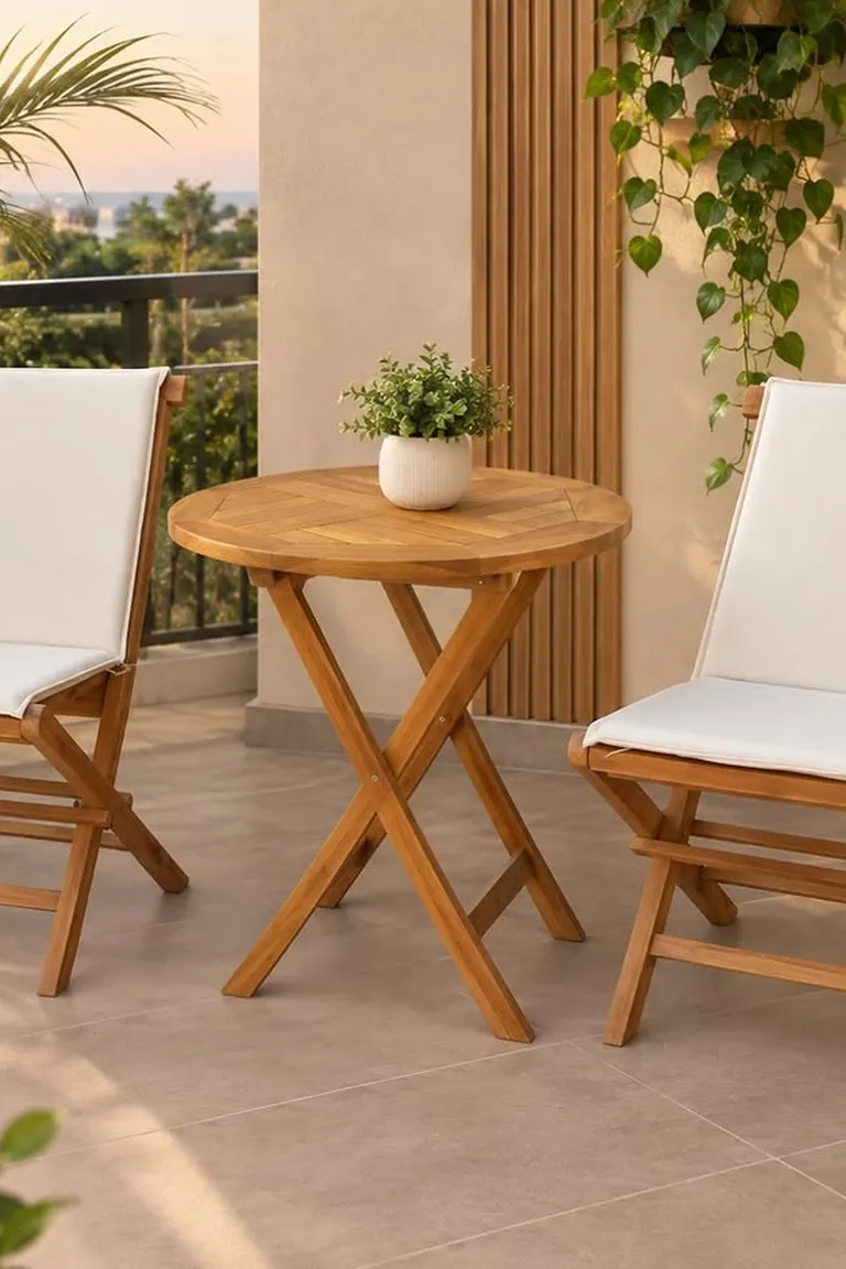Folding chairs arranged on a small patio with a small table and plants