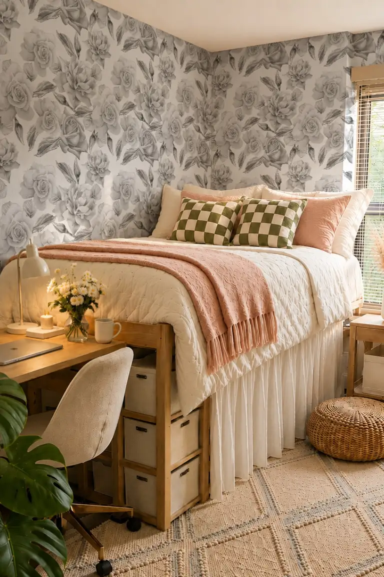 20 Renter-Friendly Bedroom Ideas for a Cozy Space Without Painting 4 Removable floral wallpaper on one wall behind the bed in a cozy rental bedroom with a white quilt and peach throw