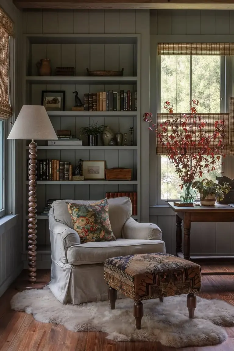 Slipcovered armchair on a white sheepskin rug that marks out a cozy corner in a rental room