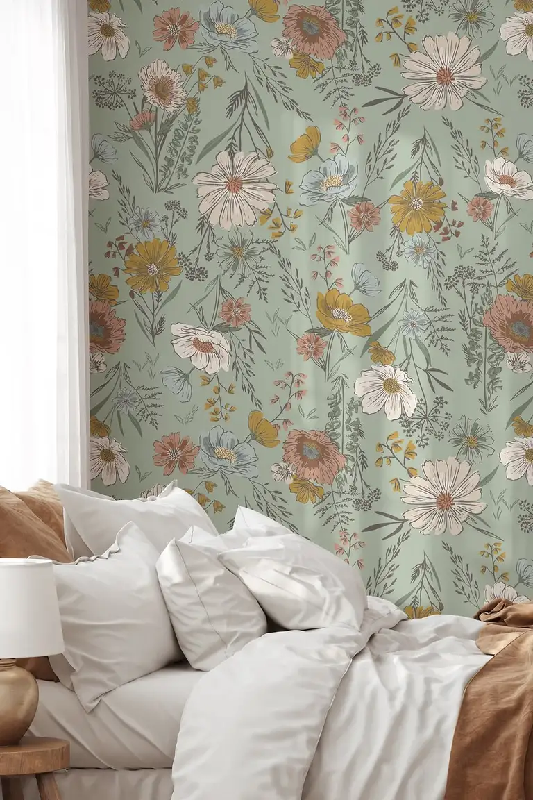 25 Stunning Accent Wall Ideas for Every Room and Style 5 A bedroom with a sage green botanical wallpaper accent wall covered in large cream, blush, and mustard flowers behind a bed with white bedding, a bedside lamp, and a sheer curtain