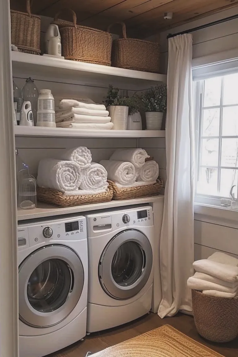 White built in shelves with woven baskets and folded towels above the machines beside a window