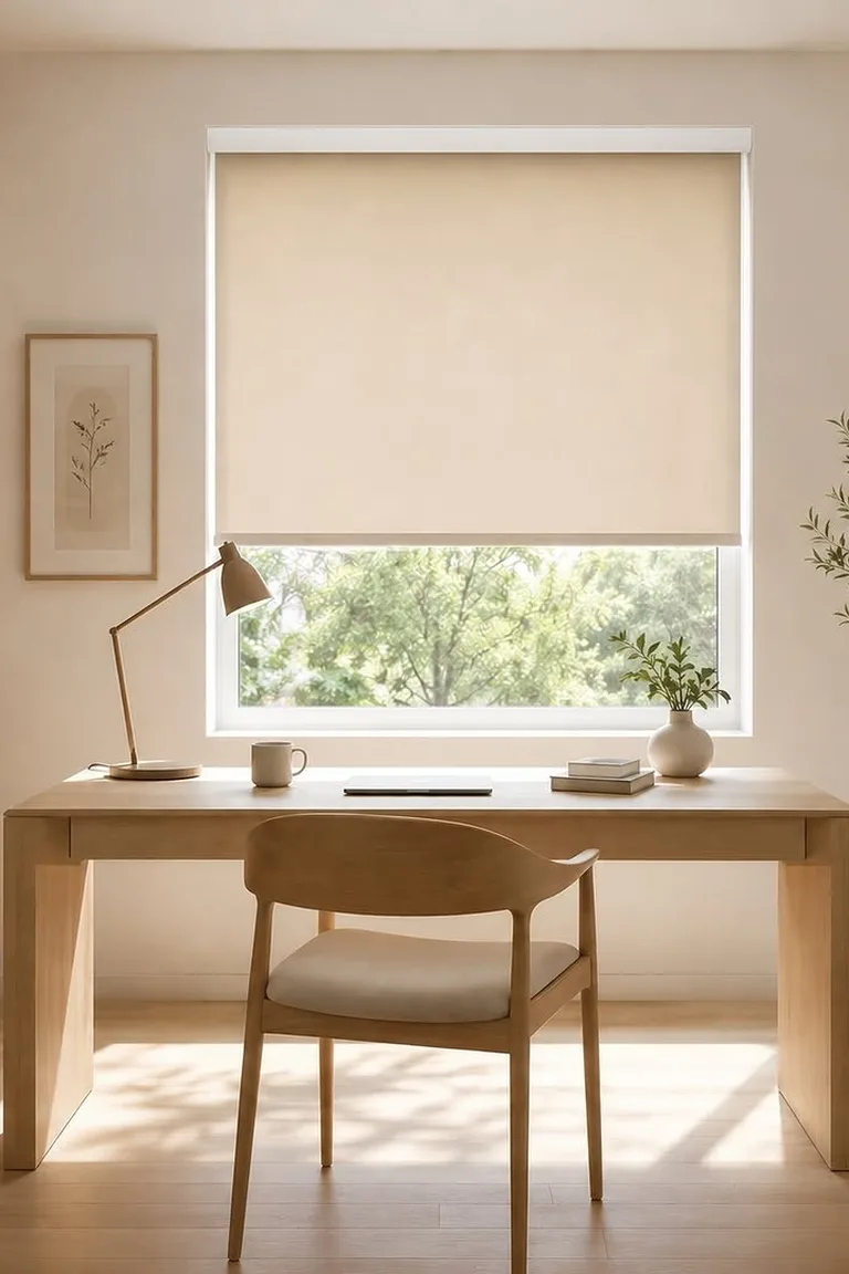 Home office with a light-filtering roller shade over the full window, oak desk, closed laptop and soft daylight