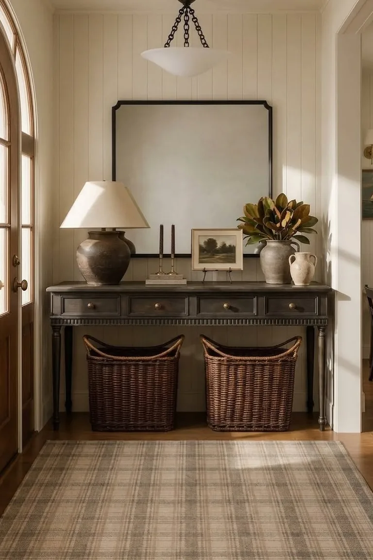 A traditional entryway with a dark wood console table against a vertical beadboard paneled wall beneath a large black-framed mirror, with a lamp, baskets below, and a plaid rug on the wood floor