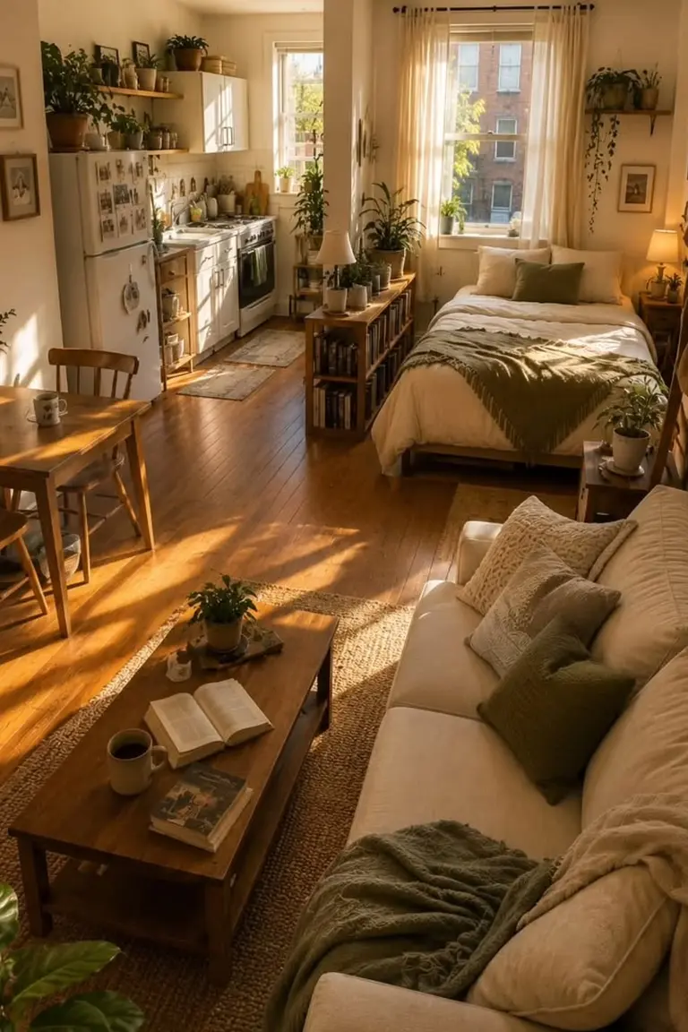 11 Micro Studio Apartment Ideas for Extremely Small Urban Spaces 5 Sunlit micro studio with a wooden dining table and chairs, sofa and coffee table, bed, and kitchen