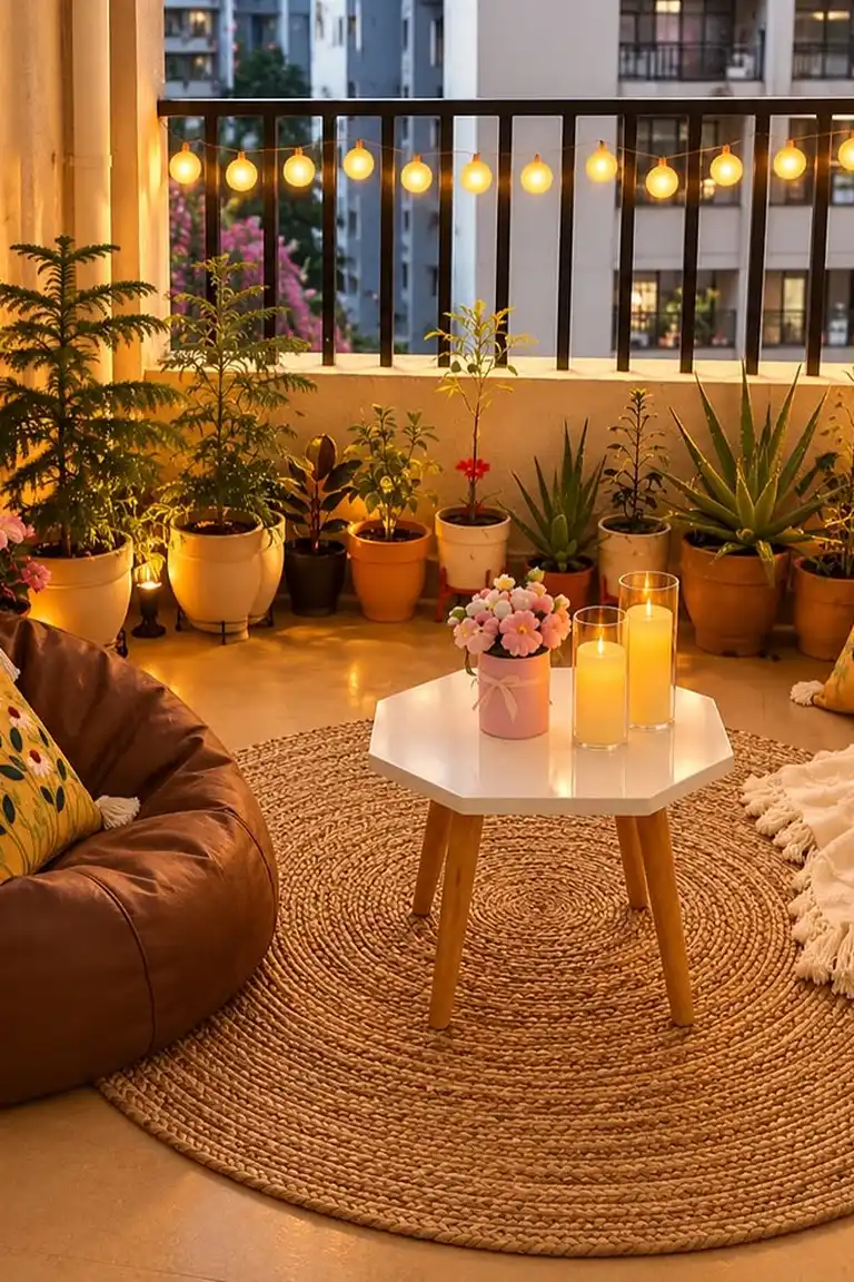 Small apartment patio at dusk with warm string lights over a seating area