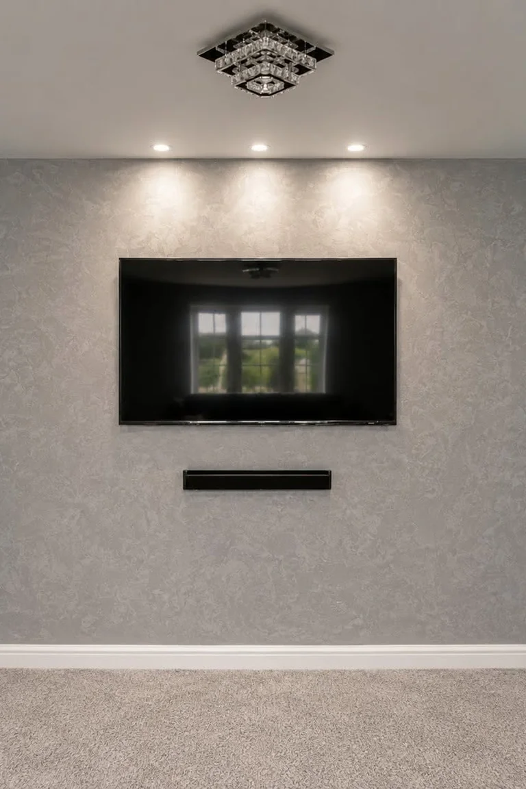 A living room TV wall with a textured grey Venetian plaster finish, a wall mounted television and a slim soundbar below, in a carpeted room with blue LED strip lighting at the sides.