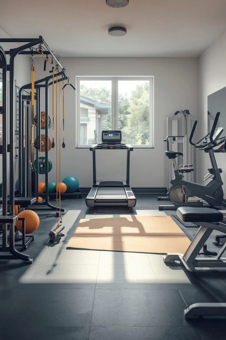 A bright home gym with a treadmill facing a large window, an exercise bike, a cable rack with plates and balls, a wall mirror, and dark rubber flooring