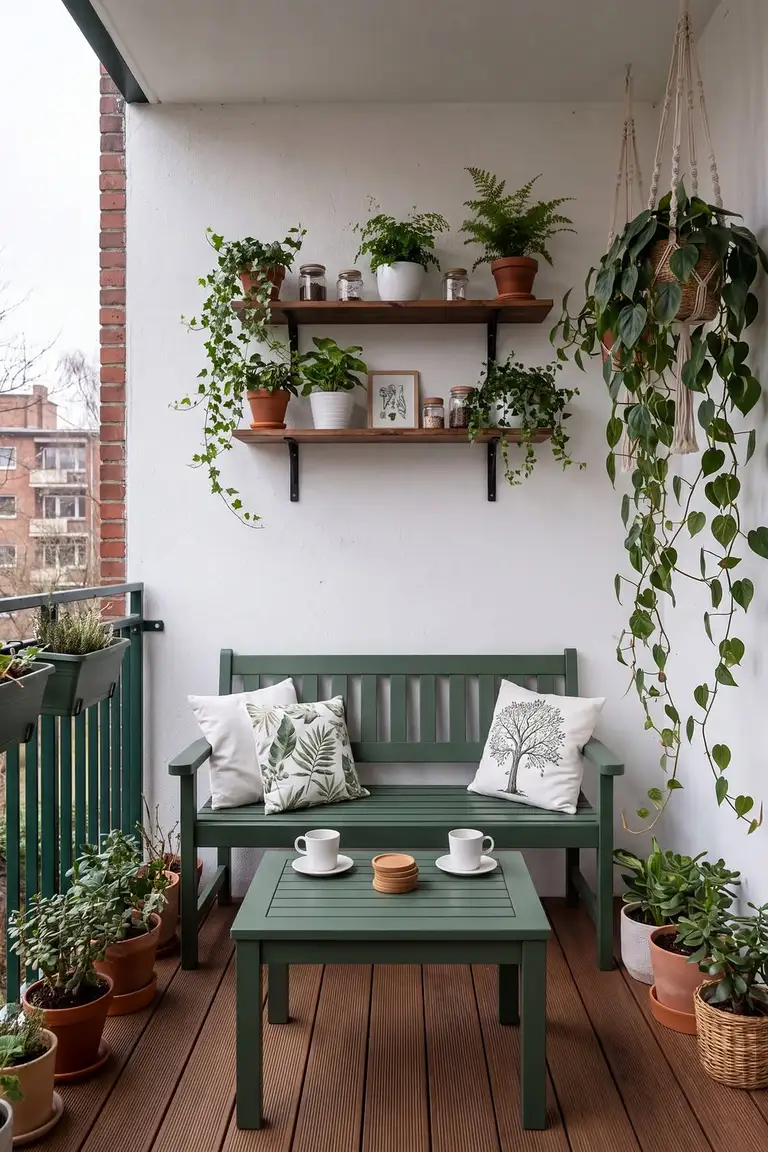 Small patio with grouped container plants in pots along the wall and by the door