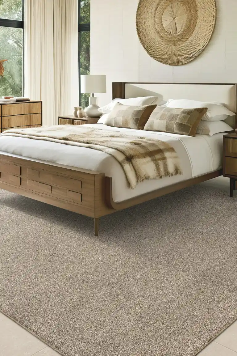 20 Renter-Friendly Bedroom Ideas for a Cozy Space Without Painting 6 Large light area rug under and around a wooden platform bed in a bright rental bedroom