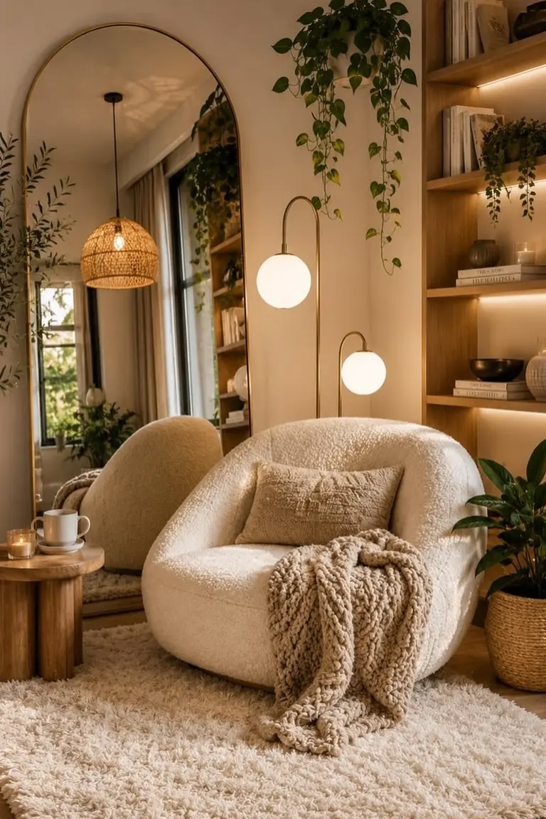 Cream boucle armchair with a chunky knit throw and a cushion on a plush rug in a cozy corner