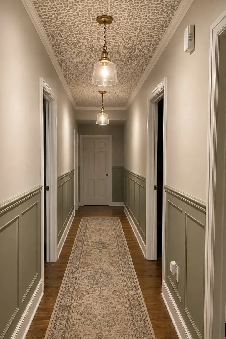 Hallway with sage green raised panel wainscoting, white trim and a patterned runner
